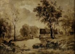 James Stark (1794-1859) Oil on panel River scene with figure on a punt, dwelling beyond, signed