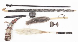 Collection of tribal / ethnic items including African ebony walking stick with carved figure