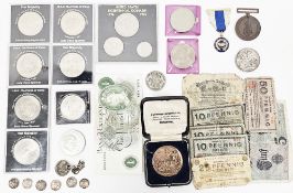 Collection of coins, medals and commemorative crowns including a Victoria 1892 silver crown and a