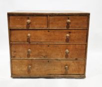 19th century pine chest comprising two short and three long graduated drawers with turned wooden