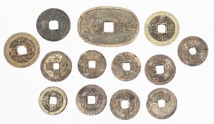 Collection of 13 Japanese and Chinese bronze cash coins including a Tenpo Tsuho coin from the Edo