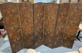 Late 19th/early 20th century six-panelled folding dressing screen, the domed top studded leatherette