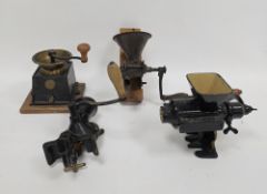 Four antique coffee grinders including Archibald Kenrick brass and iron coffee grinder, 20cm high,