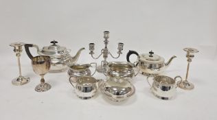 Collection of silver plate including two three-piece tea services, a sardine dish, a three-branch