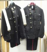 Two British Army mens' no.1 dress RM ORs jackets with mens' no.1 dress RM red pin seamed trousers