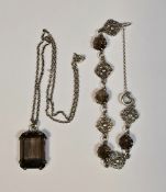 Silver mounted smoky quartz emerald cut pendant, 2.6cm high on a sterling silver necklace, a