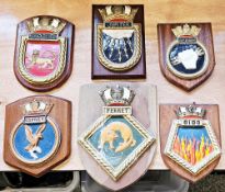 Collection of approx 32 mainly Royal Navy regimental crests, plaster, mostly mounted on wooden
