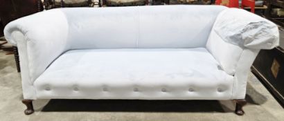 Victorian Chesterfield drop-end sofa, reupholstered in a baby blue velvet fabric with button