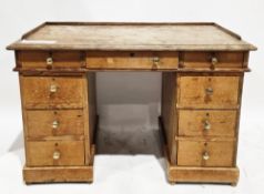 19th century small pine twin-pedestal writing desk, the top with low three-quarter gallery rail,