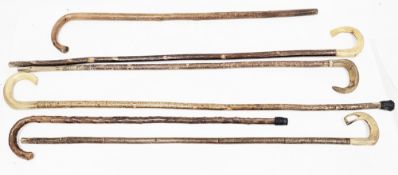 Four shepherds crooks with rams horn curved handles, longest 123cm, a briarwood walking stick and