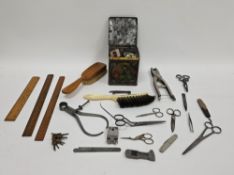 Mixed lot of collectable items including wooden rules, magnifying lenses, bakelite cigarette case,