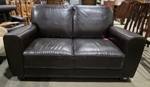 Modern dark brown stitched leather two-seater sofa on square block legs, 90cm high x 157cm wide x