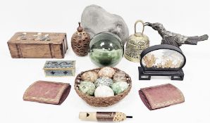 Mixed lot of collectables including seven polished stone agate eggs, a Chinese wooden box the lid