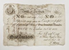 Bank of Fashion skit note for 100 pounds dated 24 October 1823, promising to ‘Cut any Lady or
