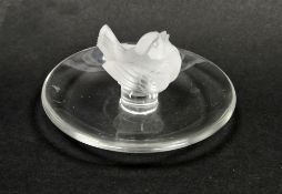 Lalique bird ring dish, centred by a frosted songbird, etched Lalique/France marks, 10 cm diam.