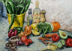 Unattributed (contemporary) Acrylic on card Still life of fruit and vegetables, unsigned, framed and