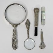 Edward VII silver walking stick knop handle with engraved decoration, a 925 silver bookmark with