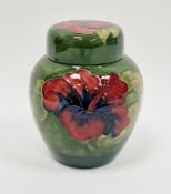 Moorcroft green-ground Hibiscus pattern ginger jar and cover, impressed marks, green Moorcroft mark,