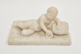 In the Grand Tour manner, 19th century white alabaster sculpture of a recumbent infant leaning on