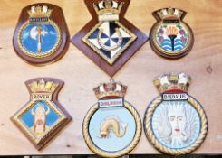 Collection of approx 37 mainly Royal Navy regimental crests, plaster, mostly mounted on wooden