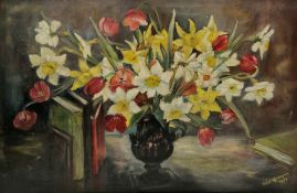 Violet Harrison (20th century) Oil on board Still life of flower in a vase, signed and dated 1958