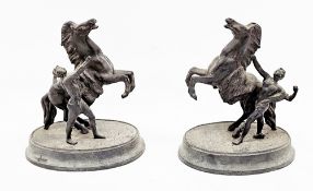 Pair of Victorian spelter Marly horses, on oval bases, 22cm high (2)