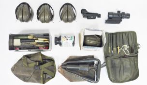British Army folding entrenching tool with canvas case, a British Army rifle cleaning kit, a red dot