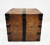 19th century pine and iron bound travelling trunk of square form with iron drop loop handles, 63cm