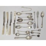 Collection of silver flatware including a pair of George III Irish silver teaspoons, Dublin 1819,