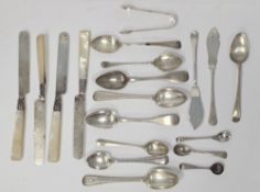 Collection of silver flatware including a pair of George III Irish silver teaspoons, Dublin 1819,