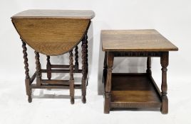 Small oak oval gateleg table on barleytwist legs, 75cm high x 90cm long x 61cm wide and a square oak