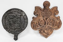 Two fire insurance plaques including 19th century lead ' Notts and Derbys ' plaque 26cm high and