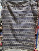 Large grey ground rug with geometric stripes and zigzag pattern, 202cm x 143cm