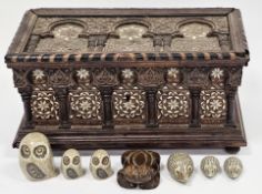 Anglo-Indian hardwood casket with bone and mother of pearl inlaid, (missing one foot), 11cm high