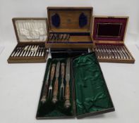 Mixed lot of silver plate including a pair of silver on copper three-branch candelabra, 37cm high,