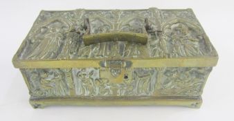 Brass casket in medieval style, decorated with figures in relief, with string handle, 21cm wide x