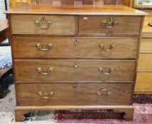 George III mahogany chest, the rectangular top with thumbmoulded edge, over two short and three long