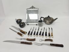 Mixed lot of silver plate flatware and other items including a three-piece tea service, the teapot