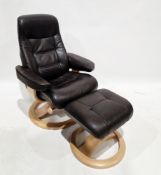 Erconess style Stressless swivel armchair and matching footstool, upholstered in a brown vinyl