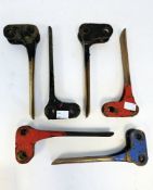 Six 20th century railway point levers, each pierced for mounting and painted in red, black and