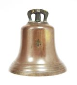 Large Royal Navy bronze bell, engraved to the side with a broad arrow mark (lacking clapper), 33cm
