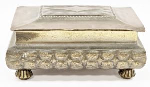 WMF Art Deco brass and wooden mounted cigarette box, with lozenge shaped ornament to cover, engraved