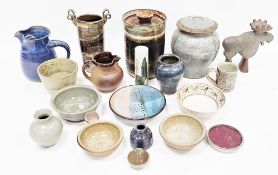Collection of studio pottery, including: Winchcombe Pottery brown saltglaze stoneware handled egg-