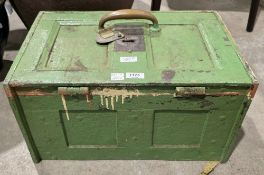 19th century green painted cast iron safe, the hinged lid with a brass loop handle (with key),