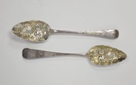 Two George III silver berry spoons, London 1795, makers mark rubbed and 1799, George Smith IV,
