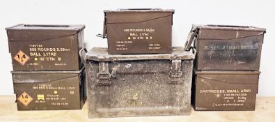 Five small arms cartridges metal ammunition boxes, 30cm long and another metal ammunition box with