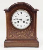 Edwardian J W Benson mantel clock, the mahogany domed top case with floral and string satinwood