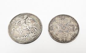 Victoria 1892 silver crown coin and a Victoria 1889 Jubilee head silver double florin coin (2)