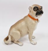 Continental porcelain model of a seated pug in the Meissen style, 20th century, blue crossed