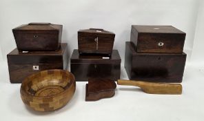 Collection of six 19th century wooden boxes and other items including rosewood tea caddy of